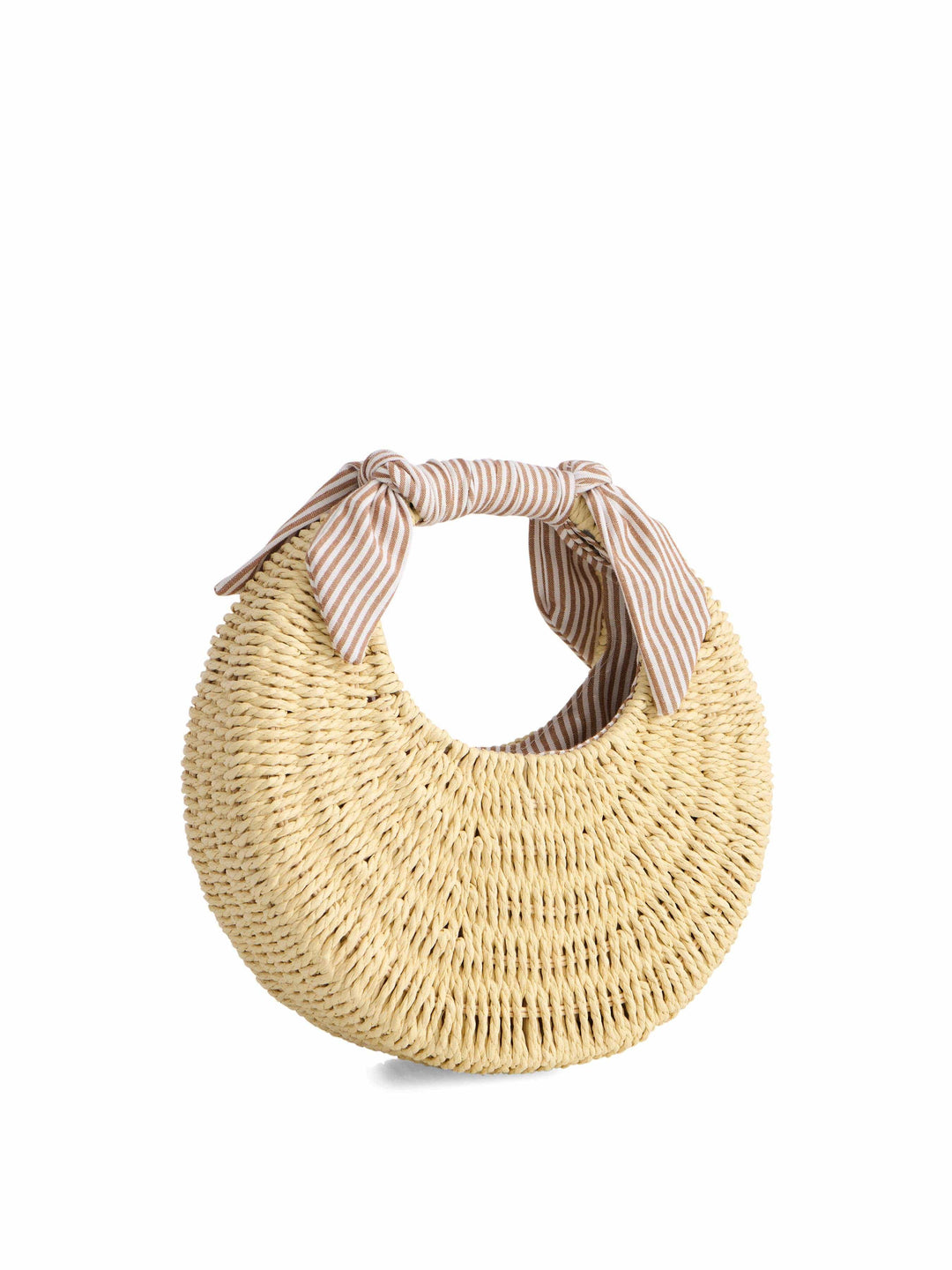 Woven bag with a striped handle on a white background