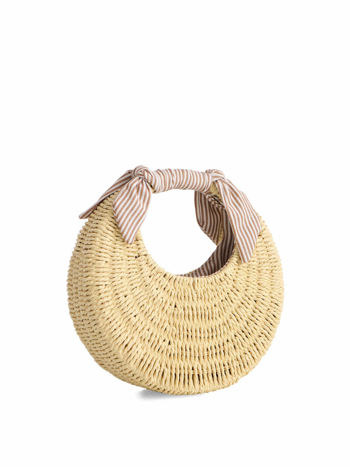 Woven bag with a striped handle on a white background