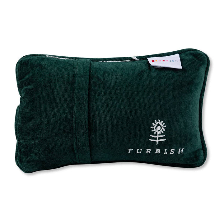 Green pillow with 'Furbish' branding on a white background