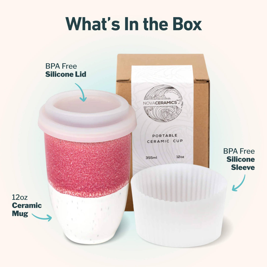 Portable ceramic cup with BPA-free silicone lid and sleeve, shown with packaging.