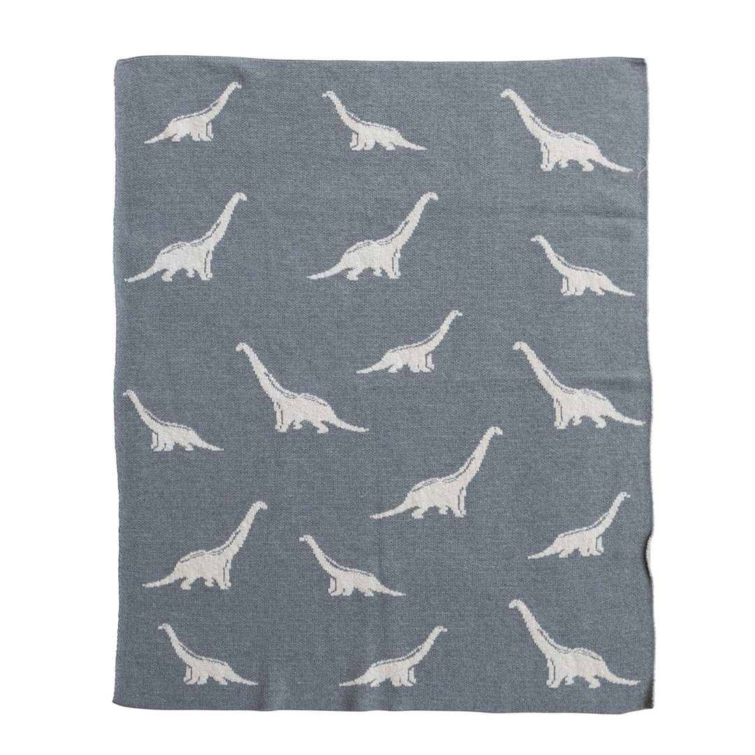 Cotton Knit Baby Blanket with Dinosaurs, Light Grey & Natural