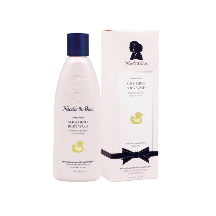 Noodle & Boo soothing body wash bottle and packaging on a white background