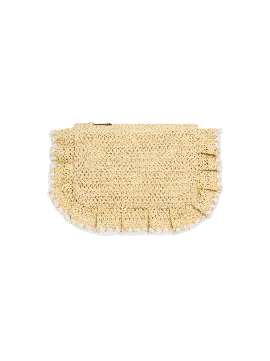 Beige woven clutch bag with a white background
