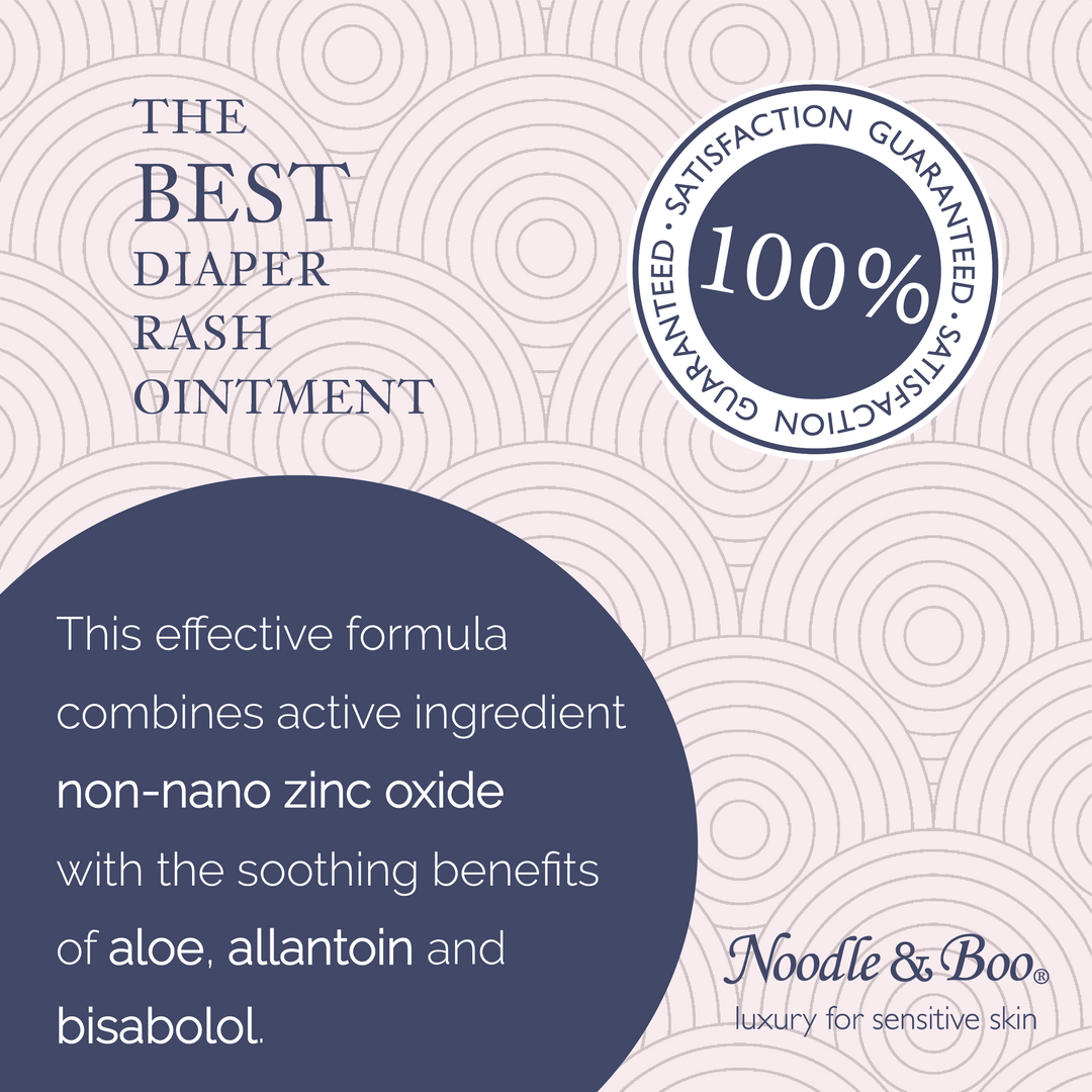 Advertisement for Noodle & Boo diaper rash ointment with text and logo on a patterned background