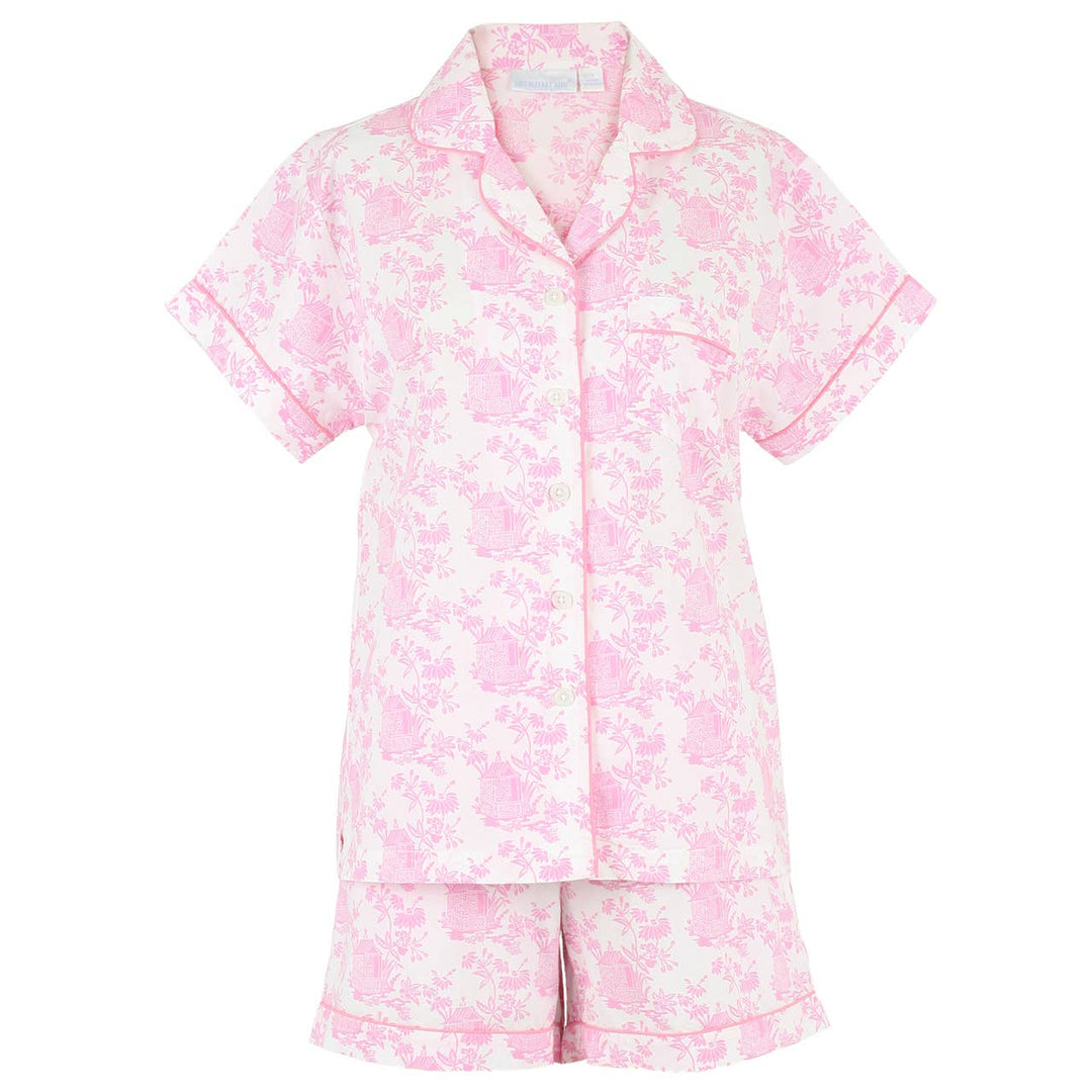 Pink floral pajama set on a white background