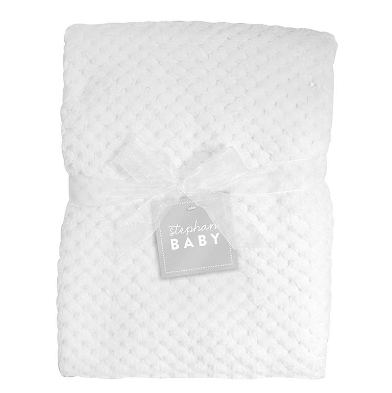 White textured baby blanket with a 'Stephan Baby' tag on a white background