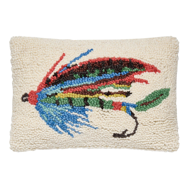 Decorative pillow with a colorful fly fishing lure design on a white background