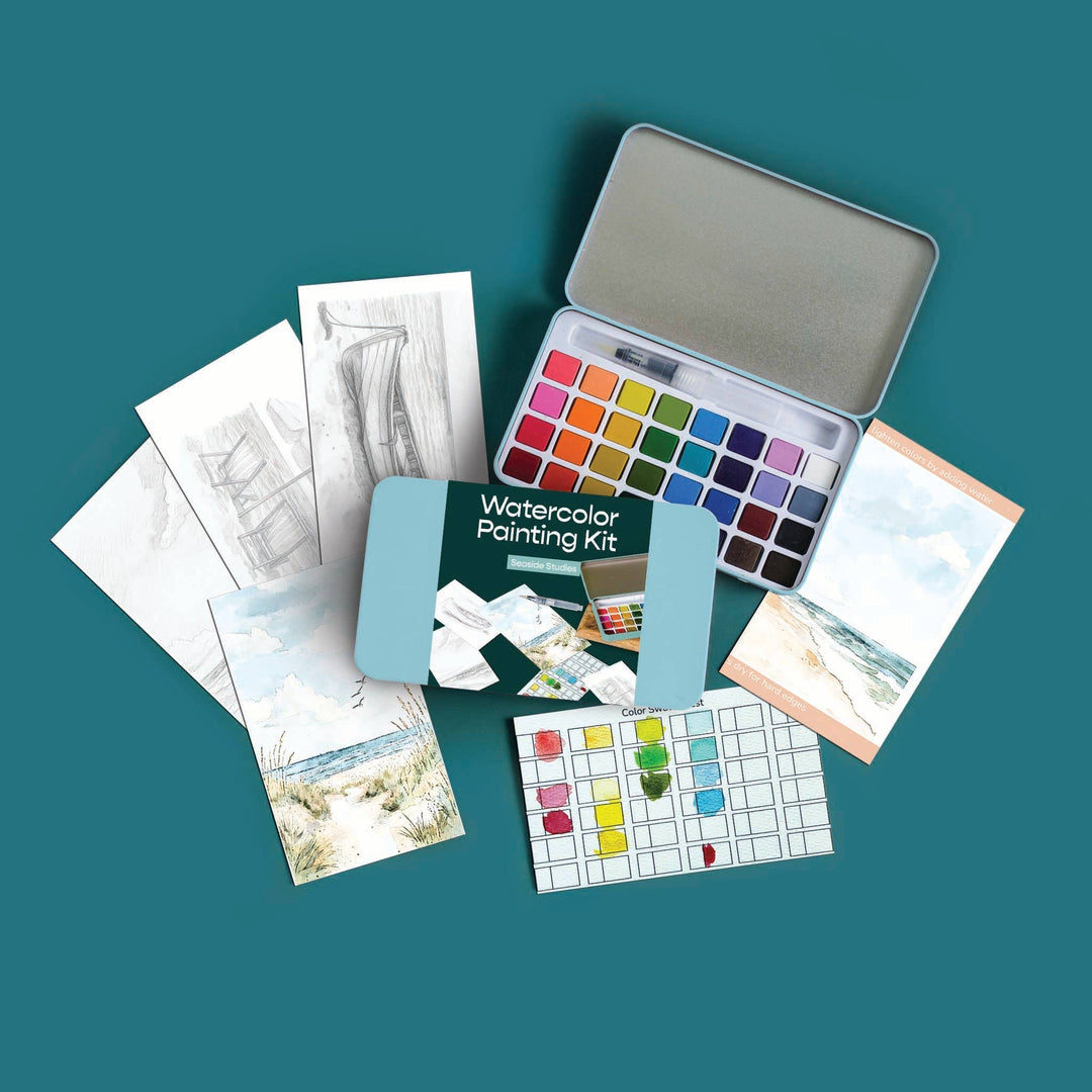 Watercolor painting kit with color swatches, samples, and instruction booklets on a teal background