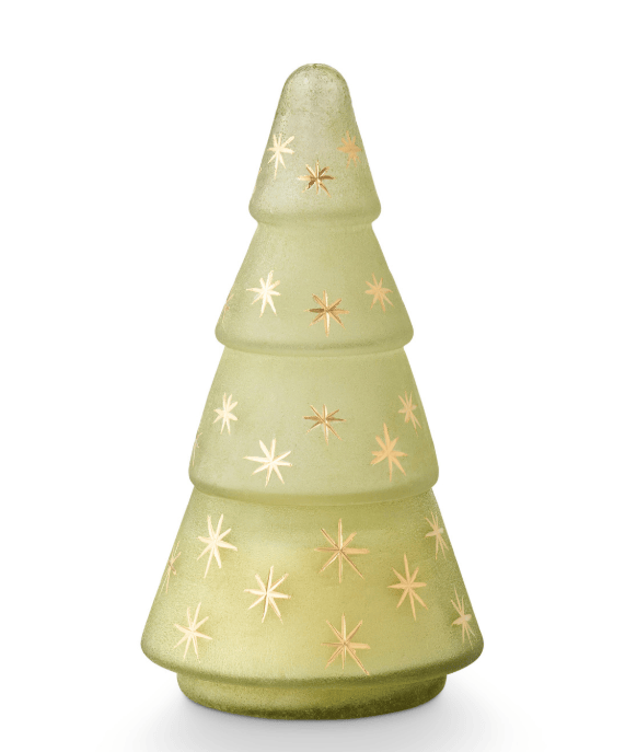A small frosted glass Christmas tree ornament in a pale sage green color, decorated with metallic gold starburst patterns, shown on a white background.