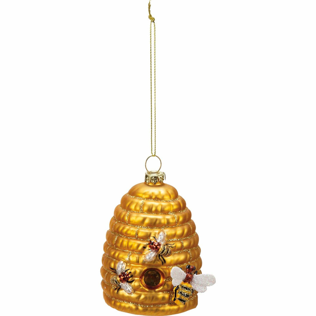 Glass Beehive Ornament with three bees on a white background