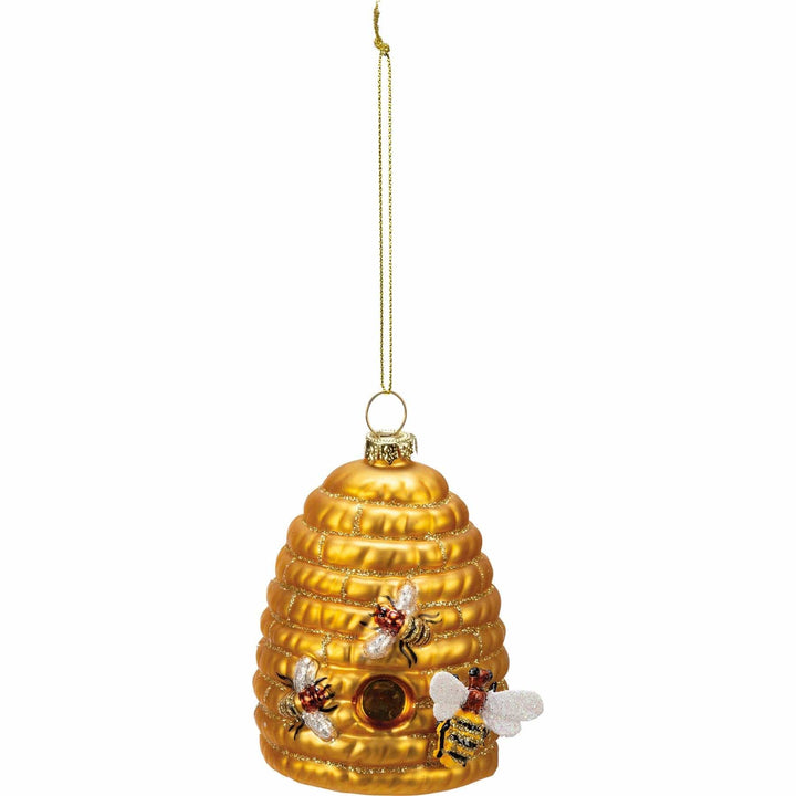 Glass Beehive Ornament with three bees on a white background