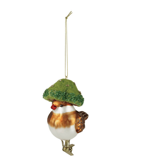 A Christmas ornament shaped like a small bird perched under a green glittery mushroom cap, with a gold hanging string at the top, shown on a plain white background.
