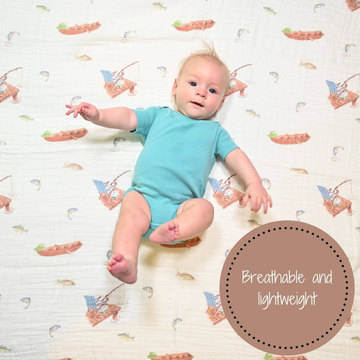 Gone Fishing Baby Muslin Cotton Blanket - Small Batch Specialty Gifts