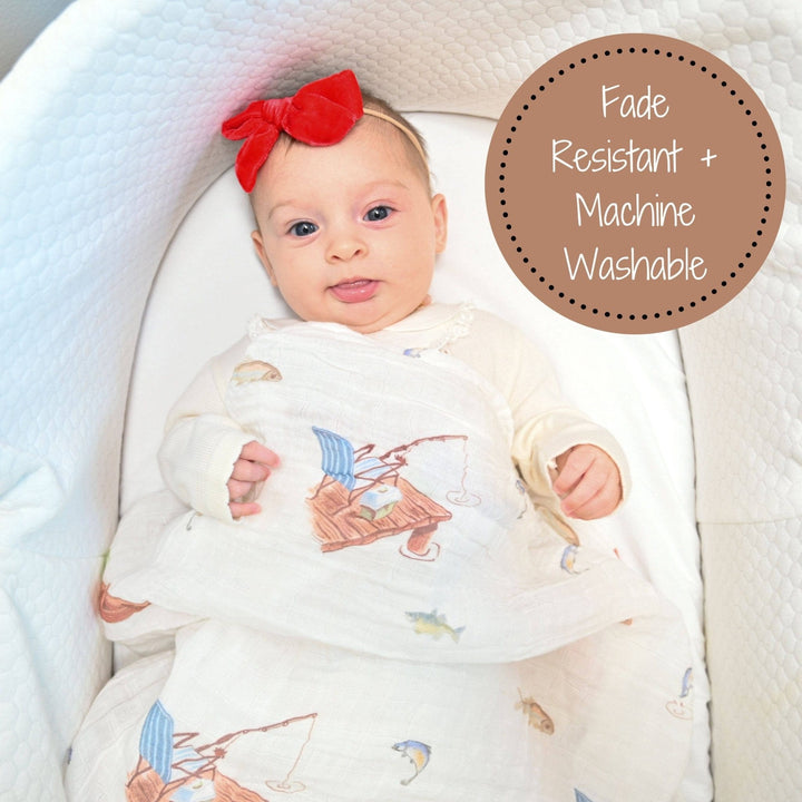 Gone Fishing Baby Muslin Cotton Blanket - Small Batch Specialty Gifts