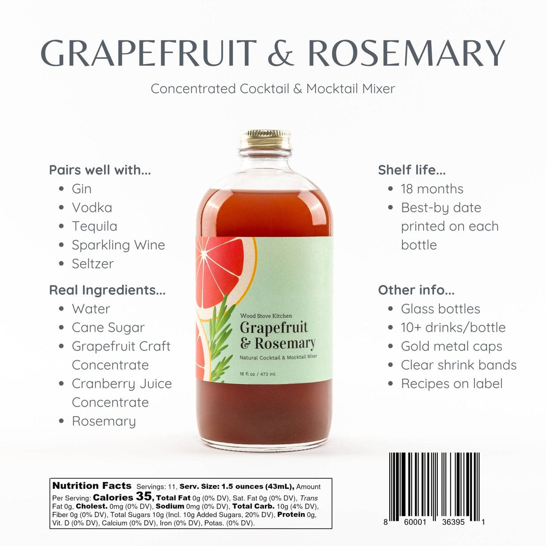 Grapefruit & Rosemary Cocktail and Mocktail Mixer, 16 fl oz - Small Batch Specialty Gifts
