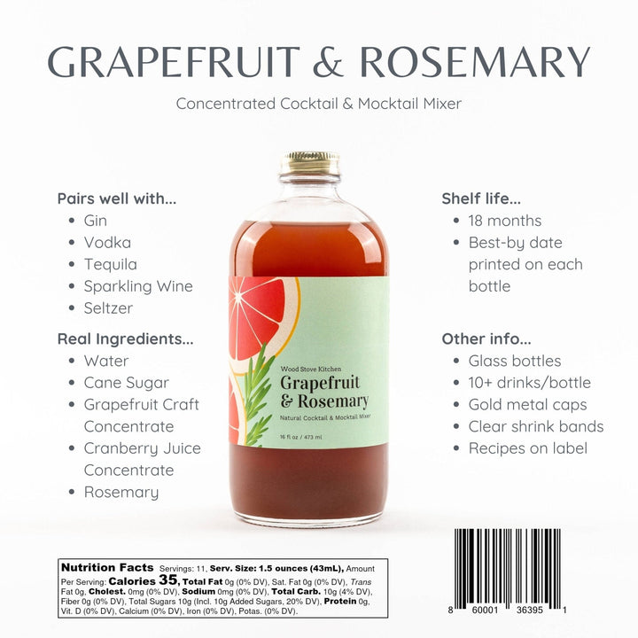 Grapefruit & Rosemary Cocktail and Mocktail Mixer, 16 fl oz - Small Batch Specialty Gifts