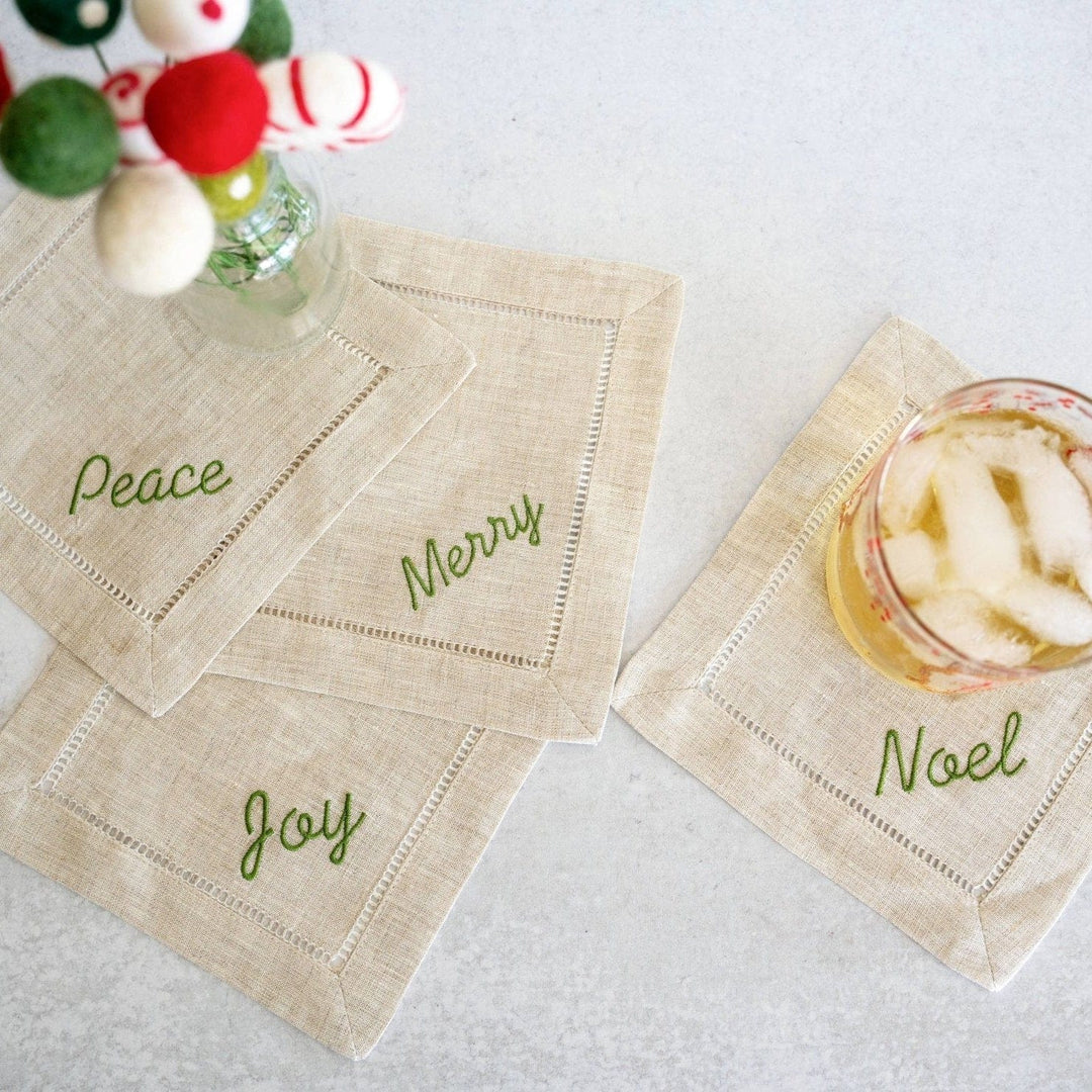 Holiday Word Linen Coasters, set of four
