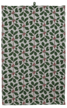 A rectangular fabric item, likely a tea towel or hanging cloth, featuring a repeating holly and berries pattern in green and red on a light beige background.