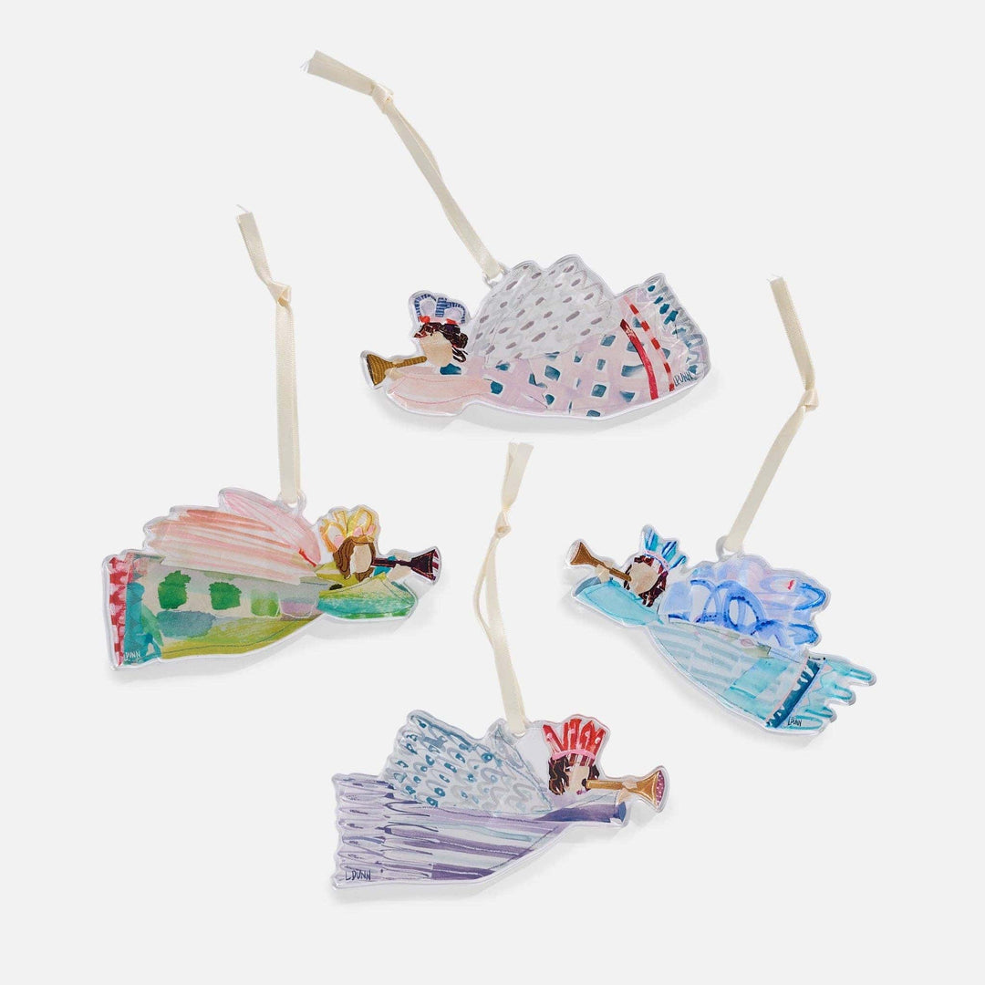 Set of lauren dunn acrylic angel ornaments on a white background