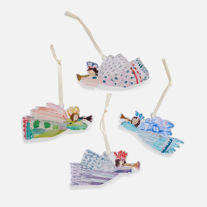 Set of lauren dunn acrylic angel ornaments on a white background
