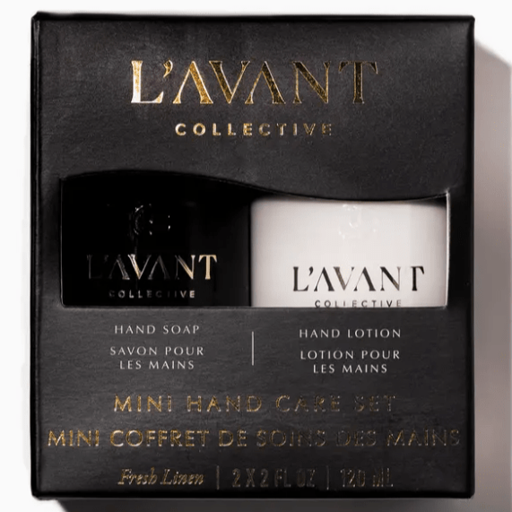 L'AVANT Mini Handcare Set with hand soap and lotion in a black box on a white background