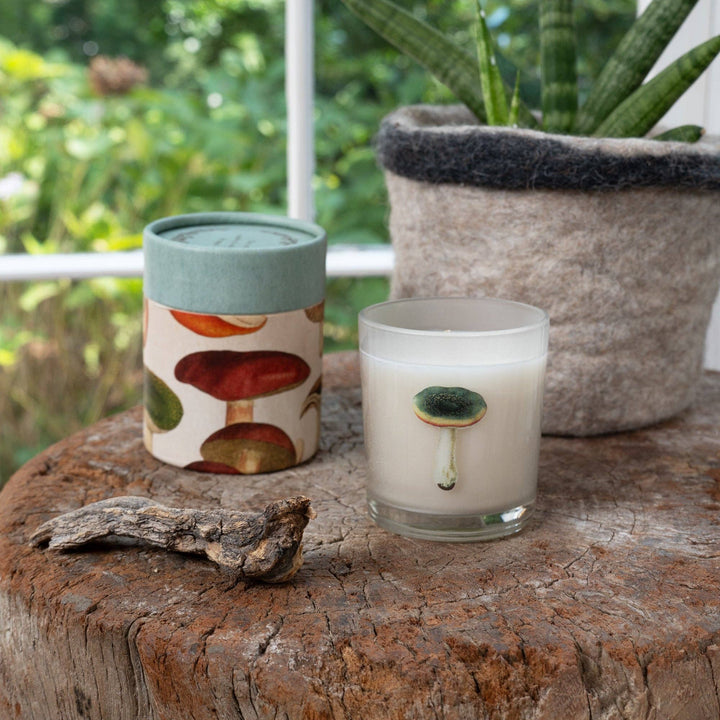 Candle with mushroom design and a patterned container on a wooden surface with plants in the background