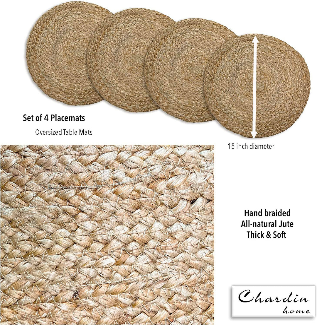 Natural Jute Hand Braided Round Placemats, Set of 4, 15 Inch - Small Batch Specialty Gifts