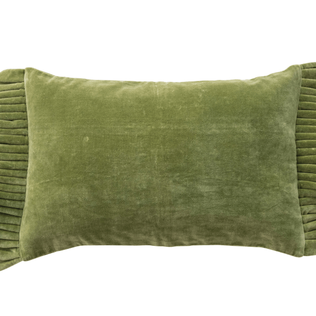 An olive green velvet lumbar pillow with pleated trim on the left and right sides, shown against a plain white background.
