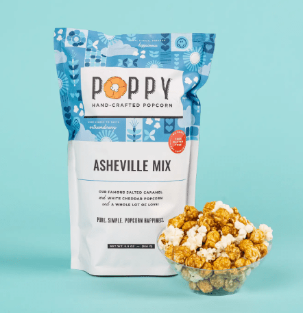Poppy Hand Crafted Popcorn in Asheville Mix flavor on a teal background