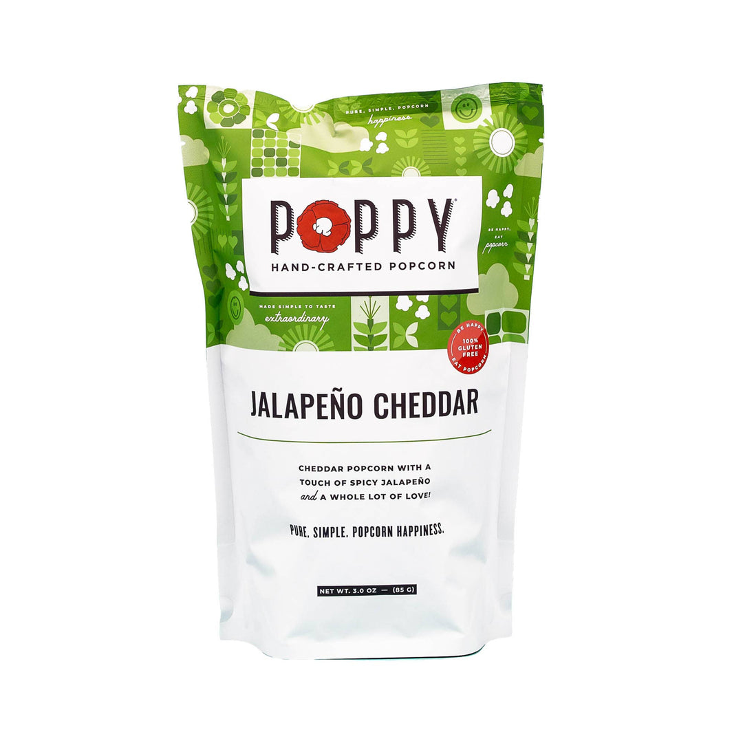 Poppy Hand Crafted Popcorn in Jalapeno flavor on a white background
