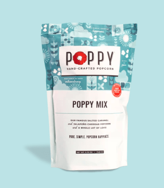 Poppy Hand Crafted Popcorn in original Poppy flavor on a teal background