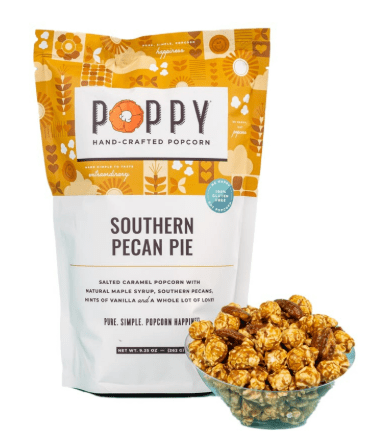 Poppy Hand Crafted Popcorn in Southern Pecan Pie flavor on a white background