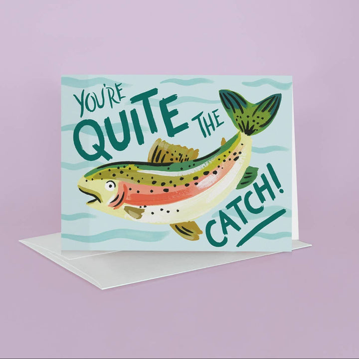 Greeting card with a fish illustration and text on a purple background