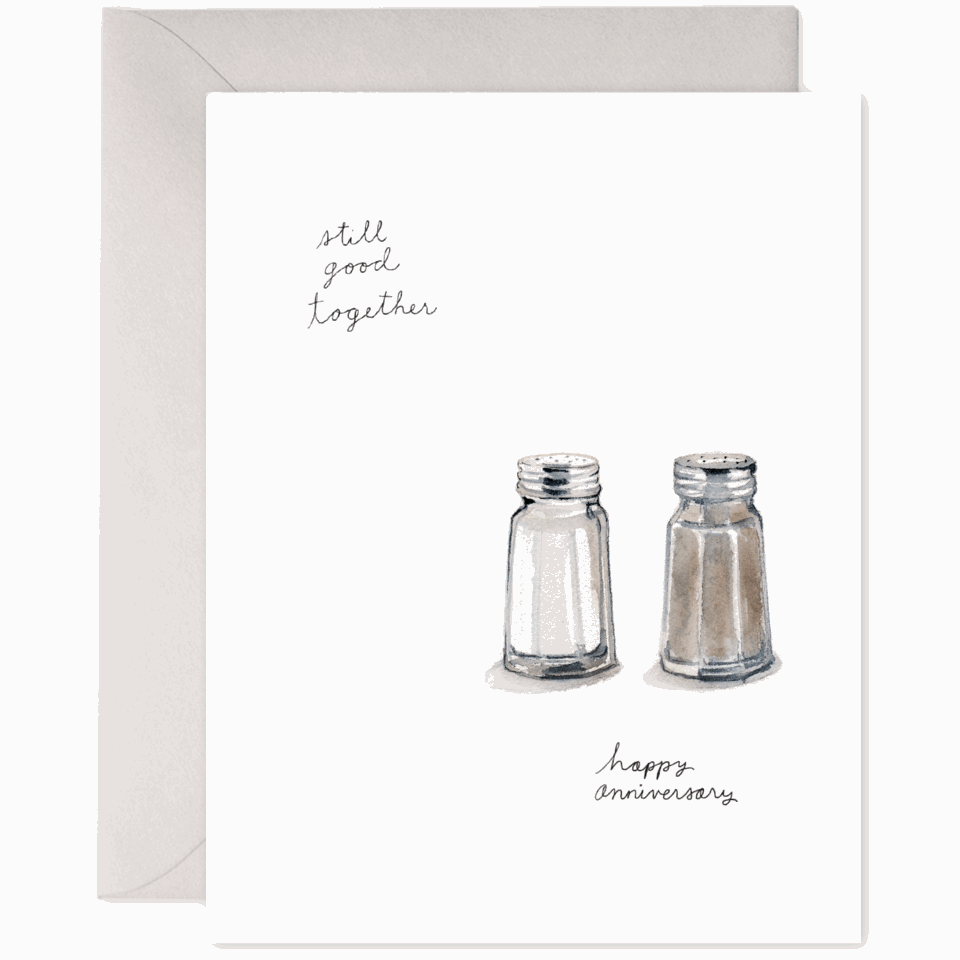 watercolor anniversary card with salt and pepper shakers that says still good together