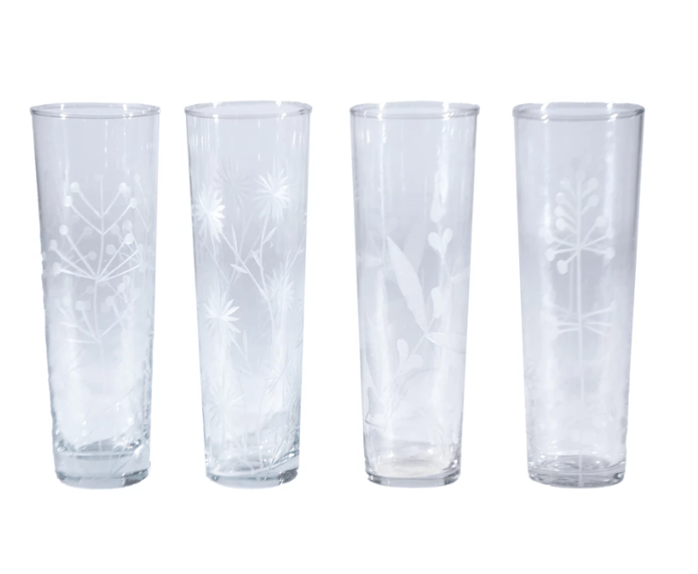 Set of 2 Hand Blown Drinking Glasses with Etched Botanicals