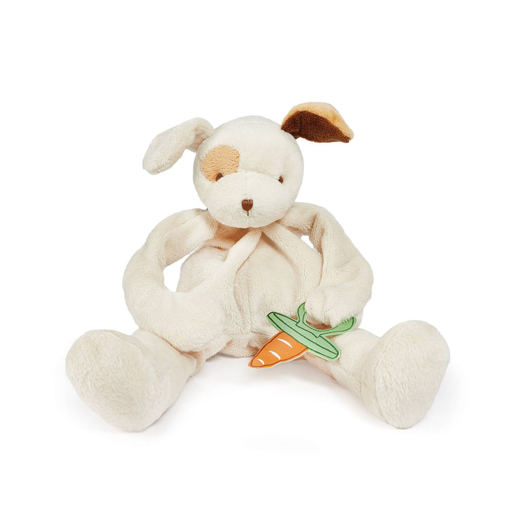 Plush toy dog  lovey and pacifier holder with a carrot tag on a white background