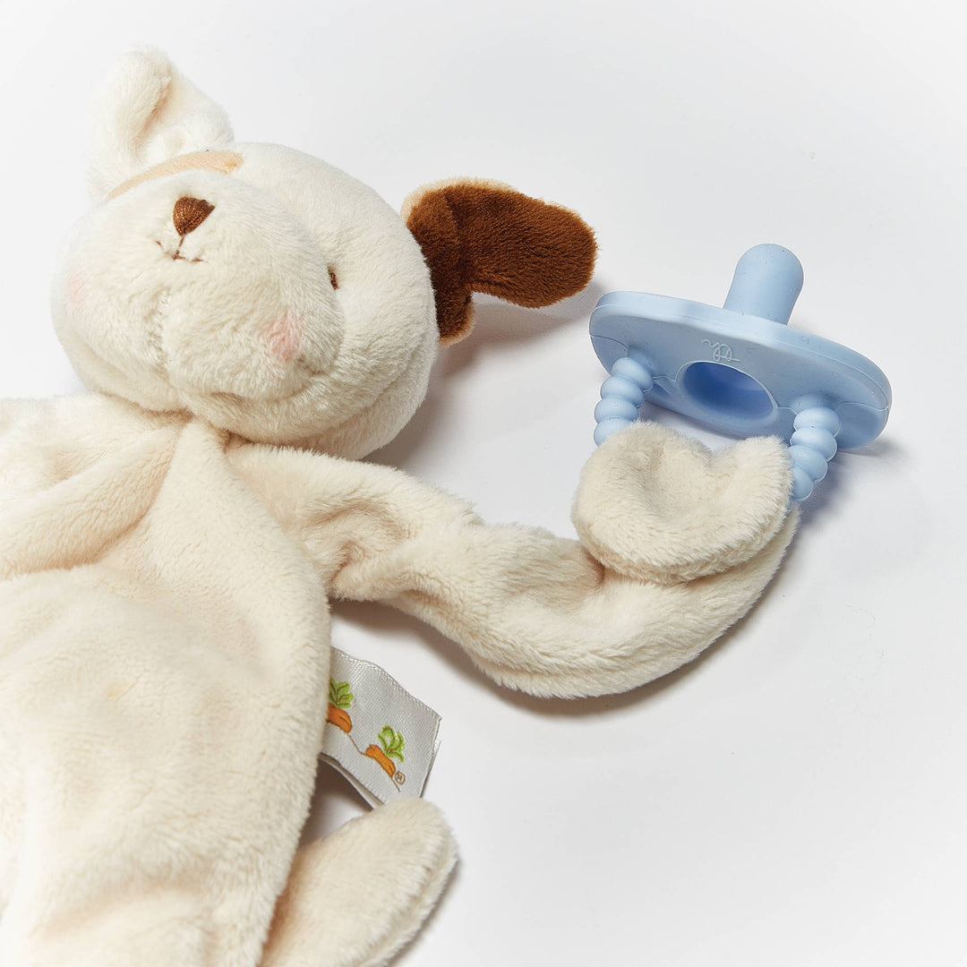 Plush toy with a blue pacifier on a white background
