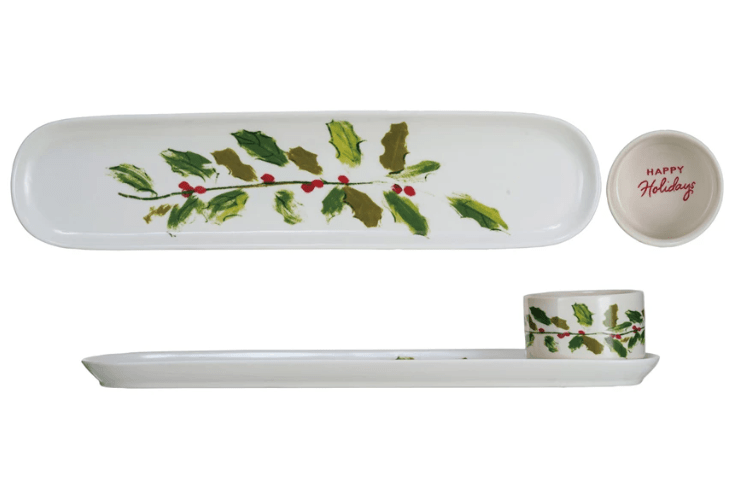 Stoneware Platter & Dish with Holly Leaves & Berries