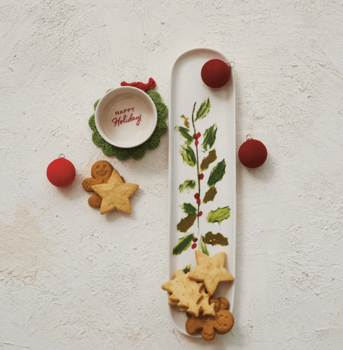 Stoneware Platter & Dish with Holly Leaves & Berries