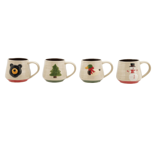 Four ceramic mugs with holiday designs, including a bear face, Christmas tree, mallard, and snowman, arranged in a row on a white background.