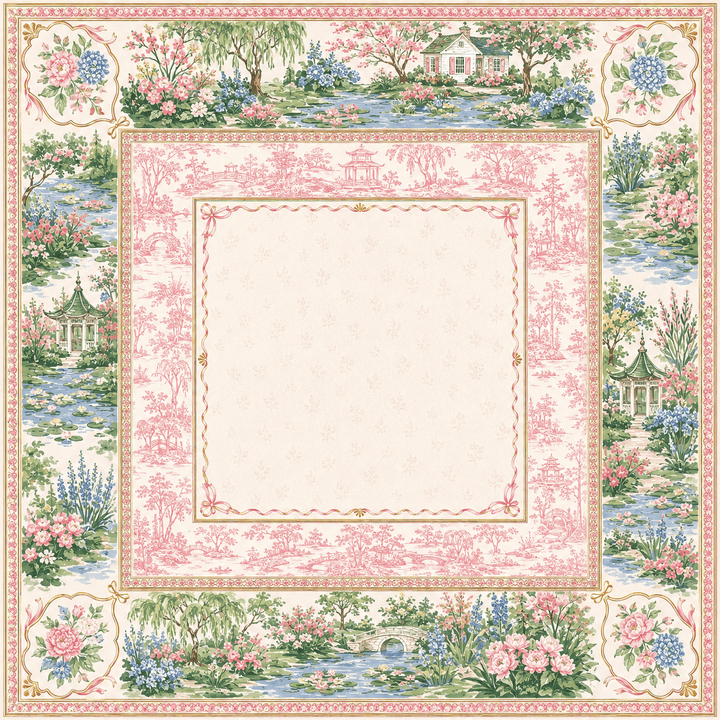 Mahjong mat with a large blank cream center surrounded by a pink toile-style border and a multicolored garden scene featuring flowers, trees, pavements, and water features.