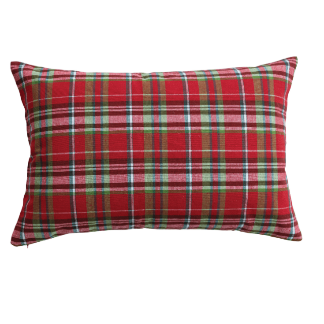 A rectangular throw pillow featuring a classic red, green, and black plaid pattern, isolated on a white background.