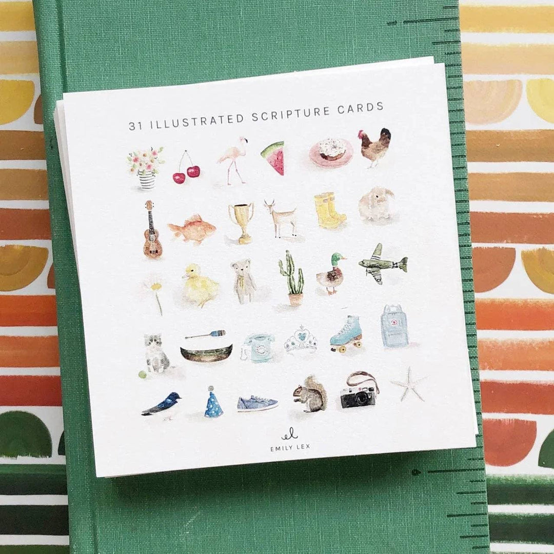Illustrated scripture cards on a green background with colorful stripes