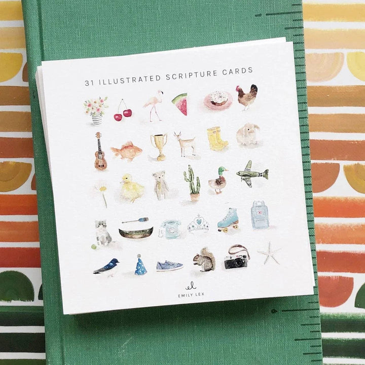 Illustrated scripture cards on a green background with colorful stripes