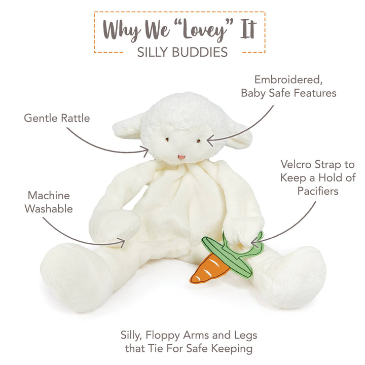 White plush lovey and pacifier holder with carrot detail, labeled features on a white background