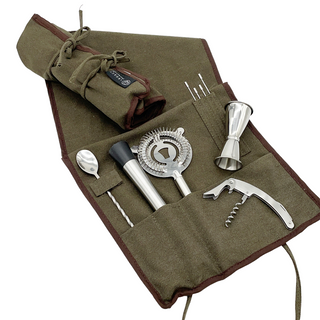 Perfect for the roaming mixologist, the 10-piece Bar Tool Roll Up Kit is a highly-portable and packable waxed-canvas roll-up bar tool set containing: four cocktail sticks, one double-sided jigger (1 oz./1.5 oz.), one brushed muddler with plastic head, one hawthorne strainer, one dual leverage waiter-style corkscrew, and one twisted-stem cocktail spoon with hammer