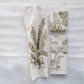 28"L x 18"W Cotton & Linen Printed Tea Towel w/ Botanical Image & Loop, Natural & Green
