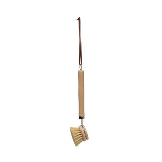 Get in to all those nooks and crannies with the long handled pot scrubber. A pretty kitchen utensil that does the job well.   9"L Beech Wood Brush w/ Leather Tie, Natural