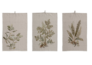 28"L x 18"W Cotton & Linen Printed Tea Towel w/ Botanical Image & Loop, Natural & Green