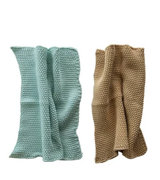 This simple set of two cotton knit dish towels is perfect for keeping in the kitchen for when you are doing the dishes and need to quickly dry them. The well-made construction is crafted with cotton and you get one each in light turquoise and deep yellow or dark and light gray.  Waste limiting & great for the environment! Each measures 10.5 inches square. 